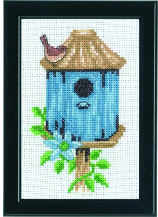 Permin Broderikit Fågelhus Blå 9x14cm
